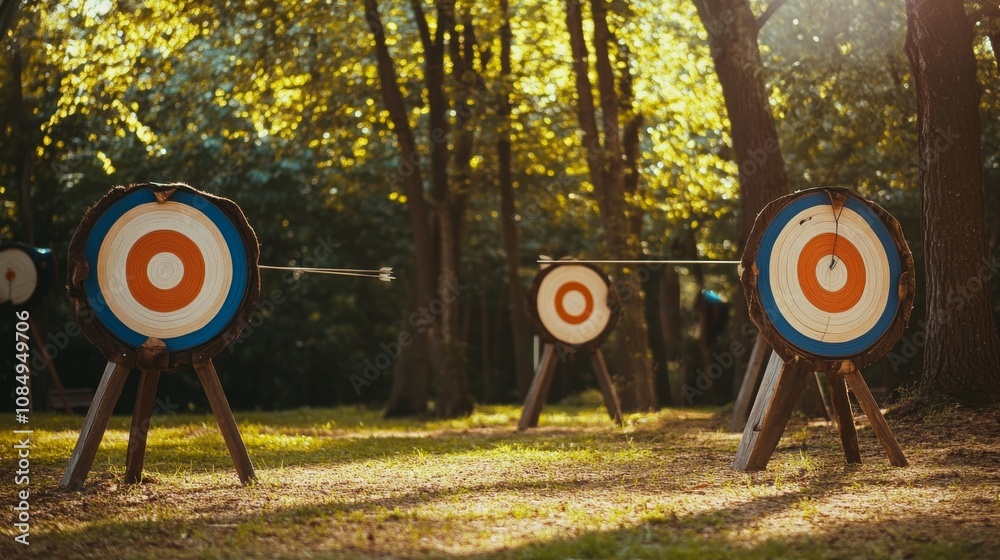 Poster a dynamic archery range with bows and targets set up in a woodland clearing, archers aiming at dista