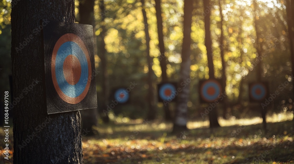 Poster a dynamic archery range with bows and targets set up in a woodland clearing, archers aiming at dista