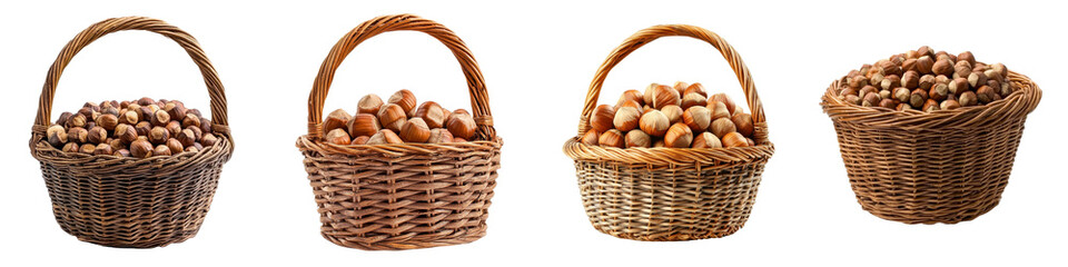Hazelnuts in a basket isolated on white background.  Collection Set Png.