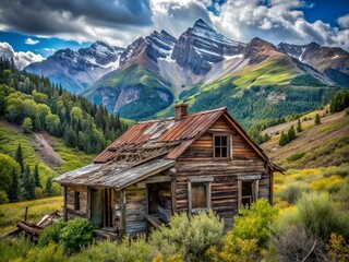 Fototapeta premium Abandoned House Amidst Majestic Mountains: Nature's Reclamation of Human Structures Captured in Macro Photography, Highlighting Desolation and Serenity in the Wilderness