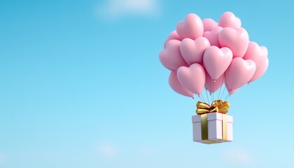 Heart shaped pink balloons lifting a gift into the clear blue sky on a sunny day