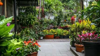 A dynamic gardening session in a lush botanical garden, Gardening tools and plants arranged for cultivation, Botanical leisure style