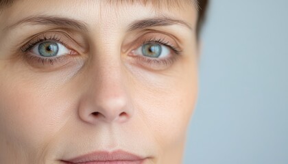 Fototapeta premium A woman displays her captivating green eyes and soft features, conveying calmness