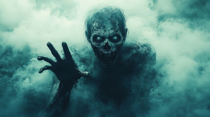 A hungry zombie with crazy eyes tries to approach its victim through the fog