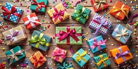 Fototapeta premium Aerial View of Colorful Assorted Gift Boxes with Festive Ribbons Perfect for Celebrating Special Occasions and Holidays, Ideal for Seasonal Marketing and Promotional Campaigns