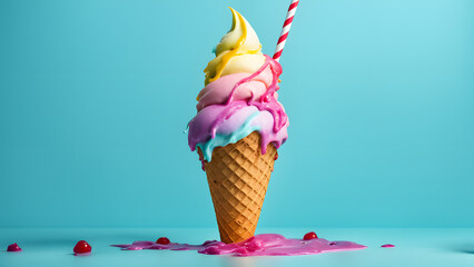 A colorful ice cream cone with a red and yellow straw in it