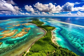 Aerial View of South Island in New Caledonia Showcasing the Great Barrier Reef with Turquoise Waters, Coral Reefs, Lush Landscapes, and Vibrant Wildlife in a Serene Atmosphere
