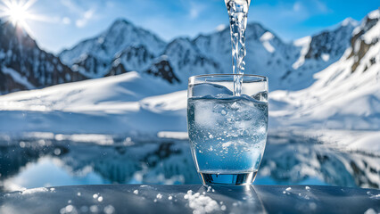 A glass of water is being poured into a glass on a table