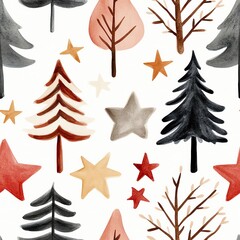 Fototapeta premium A seamless Pattern Colorful watercolor pattern featuring various trees and stars in autumn tones.