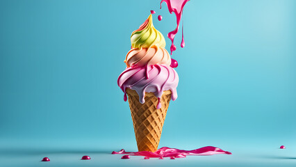 A colorful ice cream cone with pink drips of ice cream on it