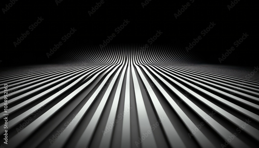 Poster abstract black and white lines creating depth on a smooth surface in a dark environment
