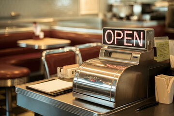 Cash register with an "Open" sign behind it in a retro diner