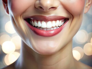 Fototapeta premium Close-Up Aerial Photography of a Woman's Smiling Mouth Displaying Bright White Healthy Teeth with a Soft Focus Background for Dental Health and Beauty Concepts