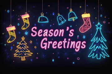 Nostalgic Christmas banner with neon lights of trees, stockings, and bells glowing against a deep, dark background, featuring the text "Season's Greetings" in elegant neon font.