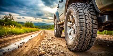 Close-Up of a Muddy Off-Road Tire on Gravel Road with SUV in Background, Perfect for Adventure and Outdoor Enthusiast Stock Photography Needs