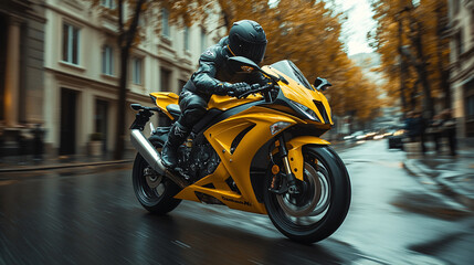 Motorcyclist on a yellow-tipped sports motorcycle, enters a turn and tilts the motorcycle,