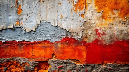 Fototapeta premium Closeup of a Colorful Urban Wall Texture Featuring Gray, Orange, and Red with a Bold White Paint Stroke for Food Photography Backgrounds
