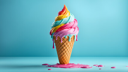 A colorful ice cream cone with pink, blue, and yellow swirls