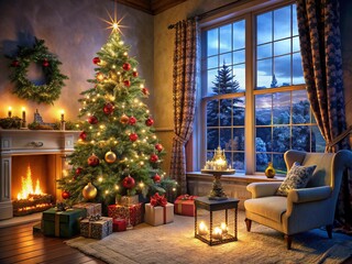Cozy Living Room with Christmas Tree Decorated with Twinkling Lights and Gift Boxes Underneath, Embracing the Joy of the Holiday Season in a Warm Atmosphere