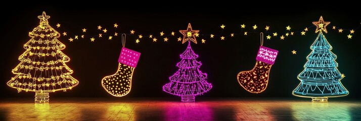 Retro-inspired Christmas scene featuring neon lights of trees, bells, and stockings glowing against a dark backdrop