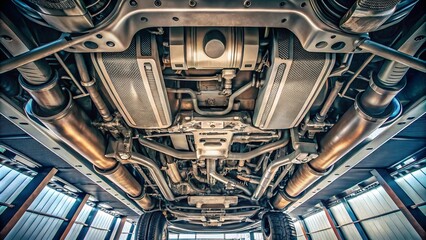 Detailed Drone Photography of Car Underbody Featuring Catalytic Converter, Engine Oil Filter, and Transmission Pan for Pre-Purchase Inspection by Auto Mechanic