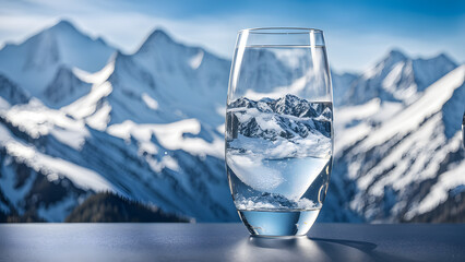A glass of water is sitting on a table in front of a mountain range