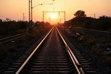 Fototapeta premium Serene Sunset Over Railroad Tracks: Capturing the Golden Hour's Tranquility for Calming Wall Art or Home Decor