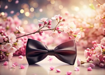 Fototapeta premium Elegant Black Bow Adorning Delicate Pink Flowers on a Soft Pastel Background for Conceptual Photography
