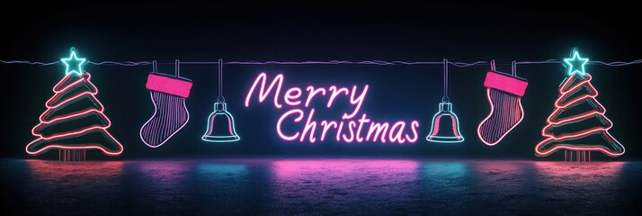 Retro-inspired Christmas scene featuring neon lights of trees, bells, and stockings glowing against a dark backdrop, Text: "Merry Christmas" in bold neon script.