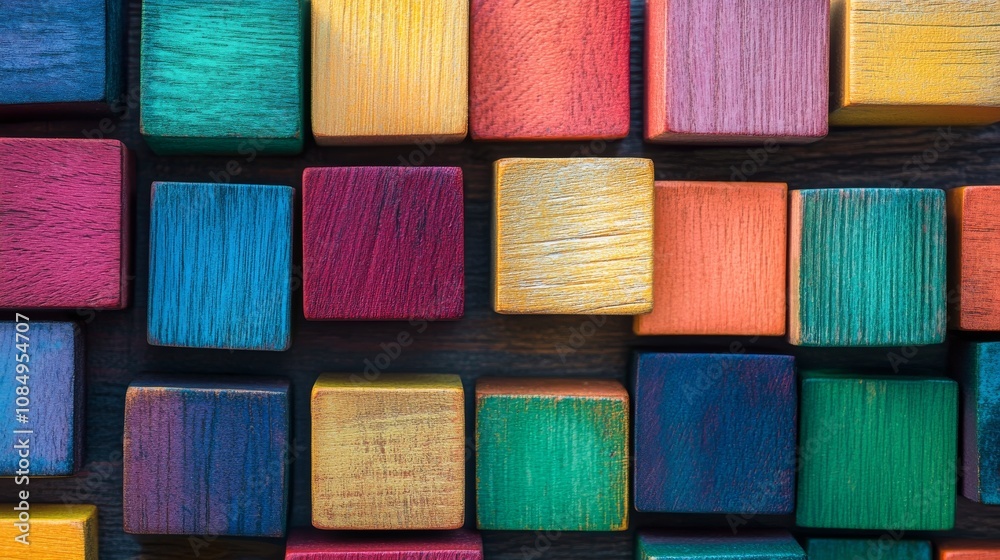 Poster a meticulously arranged block-building scene, colorful blocks artistically stacked and balanced, mod
