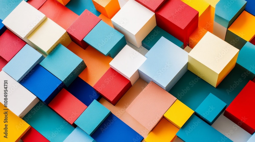 Poster a meticulously arranged block-building scene, colorful blocks artistically stacked and balanced, mod