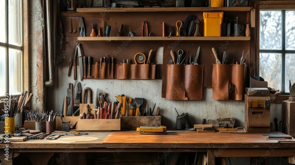 Poster a meticulously arranged leatherworking station in a rustic workshop, leather tools and materials nea