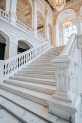 A grand staircase featuring elegant marble steps and ornate railings, illuminated by natural light from large windows.
