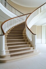 A beautifully designed curved staircase with a wooden handrail, set in a spacious and elegant interior space.