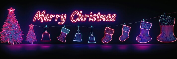 Retro-inspired Christmas scene featuring neon lights of trees, bells, and stockings glowing against a dark backdrop,  Text: "Merry Christmas" in bold neon script.