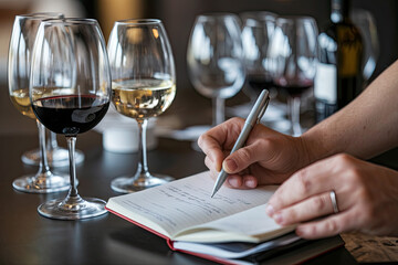 Sommelier writing tasting notes in a notebook with wine glasses nearby