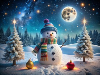 Obraz premium Enchanting Night Photography of a Charming Snowman Surrounded by Sparkling Snowflakes Under the Starry Winter Sky, Capturing the Essence of a Magical Winter Wonderland