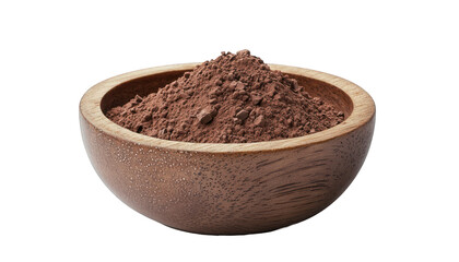 Fine cocoa powder contained in a wooden bowl, resting on a white background.