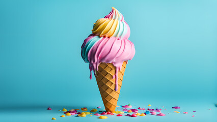 A colorful ice cream cone with rainbow sprinkles on the ground