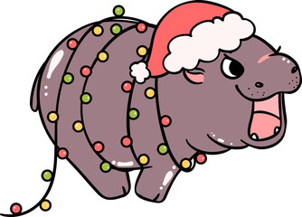 Christmas baby pygmy hippo grumpy runiing with santa hat and lights