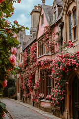 Fototapeta premium A row of buildings with pink roses growing on the side of them