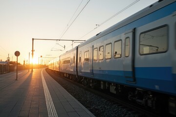 Fototapeta premium Serene Morning Commute: Blue Train Arriving at Station, Capturing Tranquility and Modern Travel