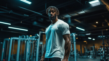 muscular man stands confidently in modern gym, showcasing strength and determination. gym features various workout equipment and bright lighting