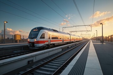 Naklejka premium Modern Train Station at Sunset: Capture the Essence of Travel and Technology in a Single Shot