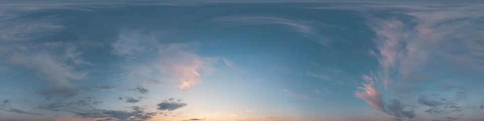 Sky 360 panorama - Bright blue sky filled with fluffy white Cumulus clouds. Seamless hdr spherical 360 panorama. Sky dome, sky replacement for aerial drone 360 panoramas. Weather and climate change