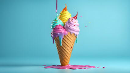 A colorful ice cream cone with a rainbow of colors and a drizzle of pink
