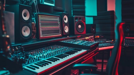 A music recording studio with instruments and recording equipment, Soundproof walls and mixing consoles in a professional setup, Recording studio style