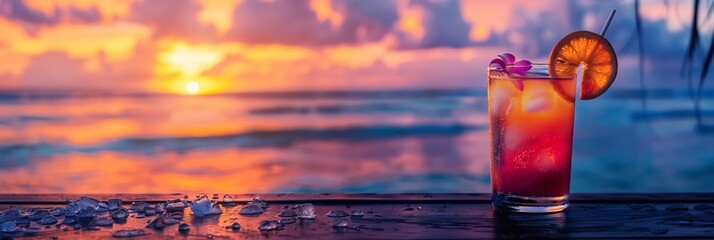 A tropical cocktail at a beachside bar during a happy hour. Generative Ai