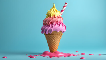 A colorful ice cream cone with a straw sticking out of it