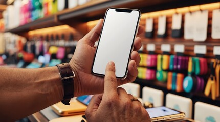 man hands touches smartphone white customizable screen